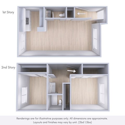 Floor plan for 2 beds, 2 baths, 998 sqft